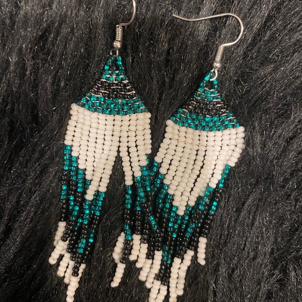 Elegant Beaded Dangle Earrings - Black, White, and Green